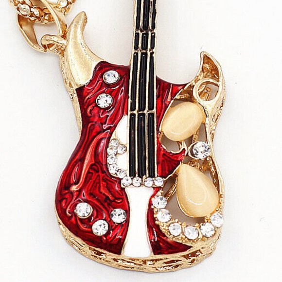 Music Lovers! Electric GUITAR Red & White Enamel & Rhinestone Pendant Necklace - Picture 2 of 8